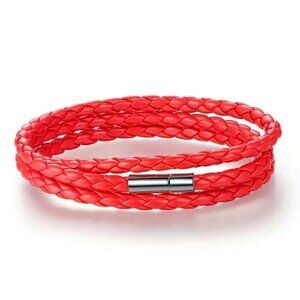 NWT Red Coral Leather Silver Clasp Braided Woven Wrap Around Bracelet Unisex